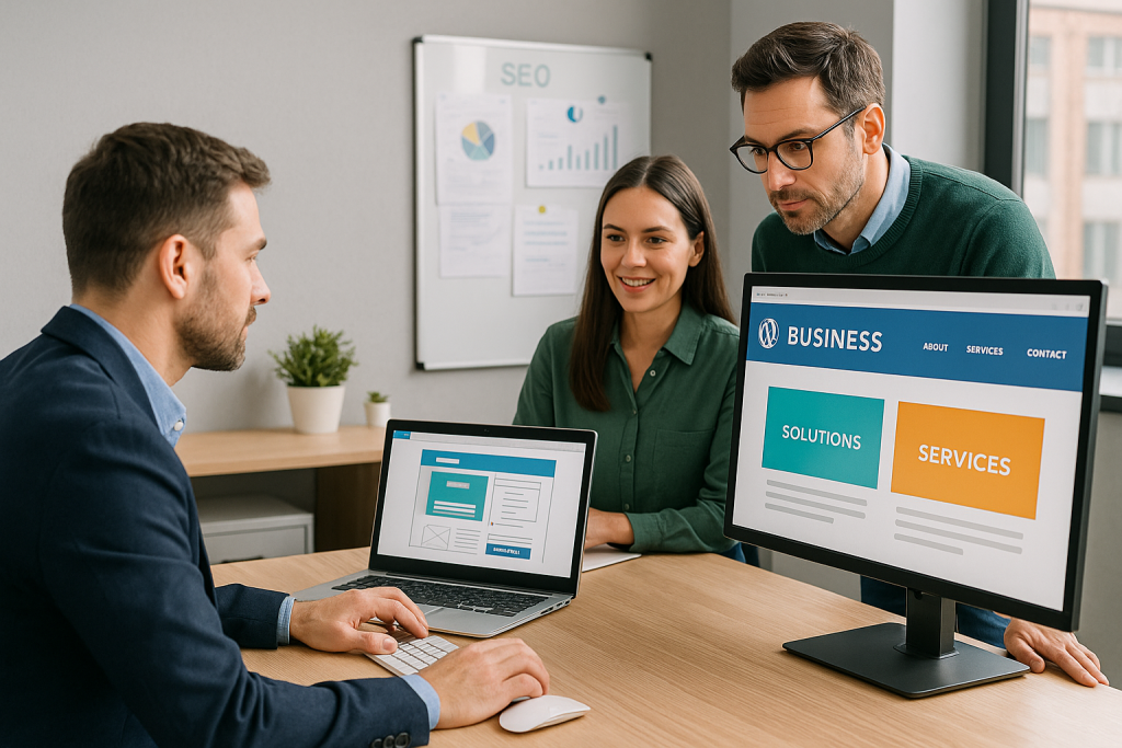 Tres profesionales colaborando en el diseño de una página web con ordenadores y wireframes – Gesproa Webs