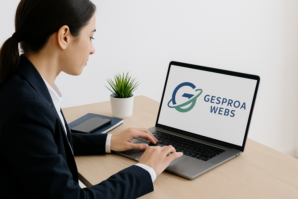 Portátil mostrando el logo de Gesproa Webs sobre un escritorio moderno con estilo corporativo, representando servicios web para PYMES en Toledo y Madrid.